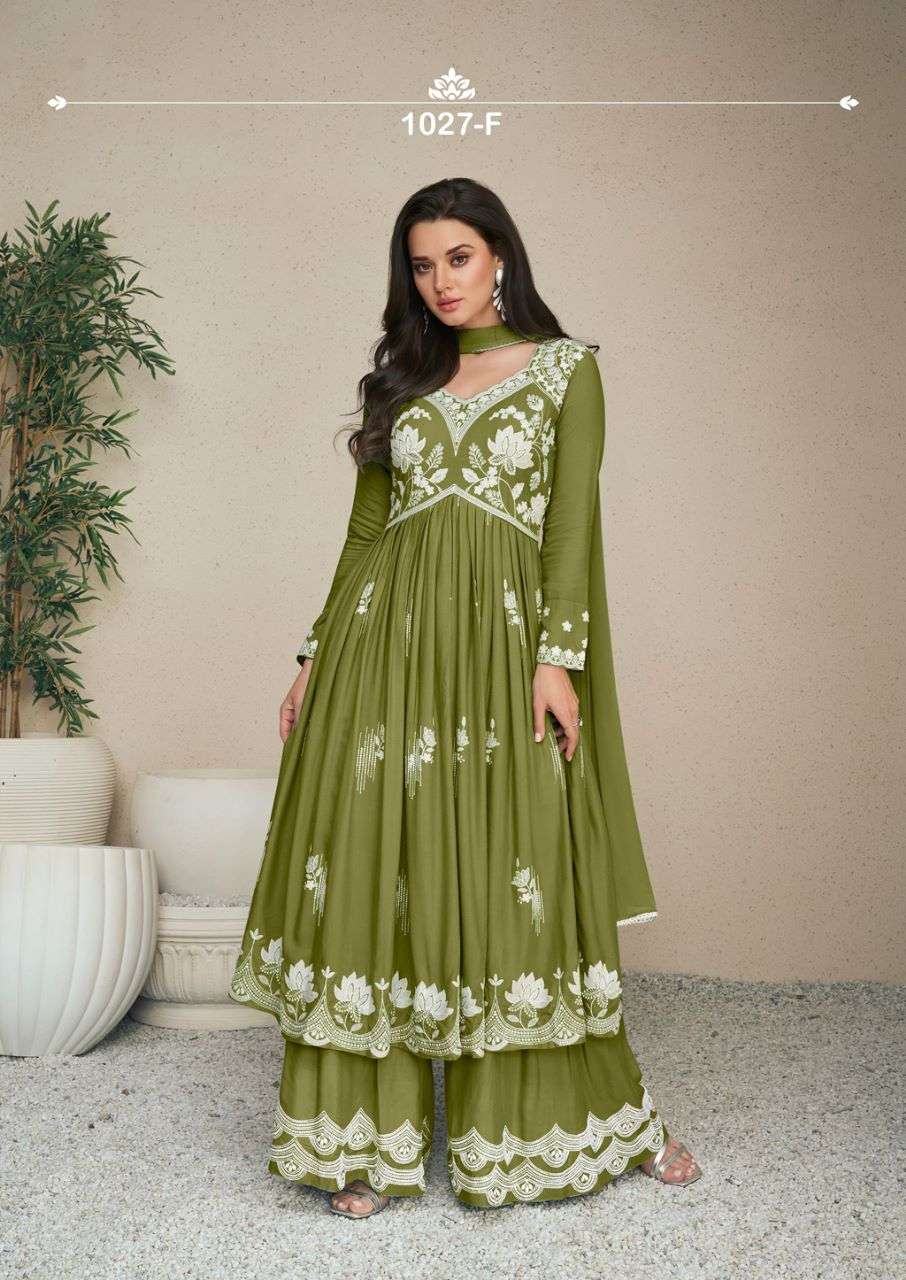 LAKHNAVI VOL HIT LIST  HEAVY REYON WHITE THREAD WORK NAURA CUT KURTI WITH PLAZZO AND NAZMIN DUPATTA BY VAMIKA BRAND 1027 F